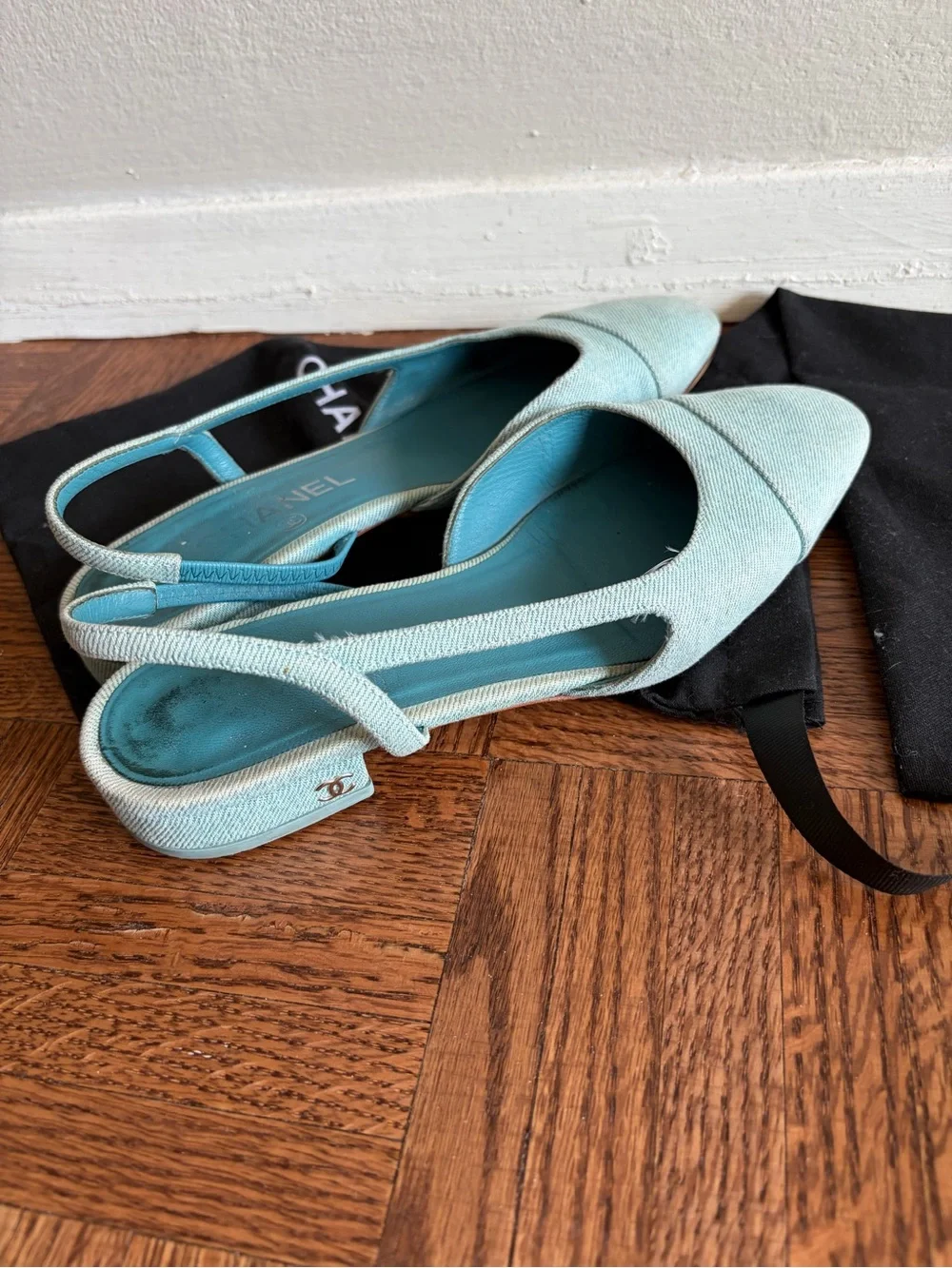 Chanel denim slingback flats mules